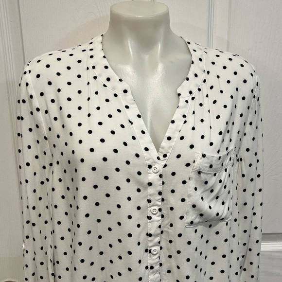 Per Se women’s v neck white black polka dot button down long sleeve blouse L - Picture 3 of 6